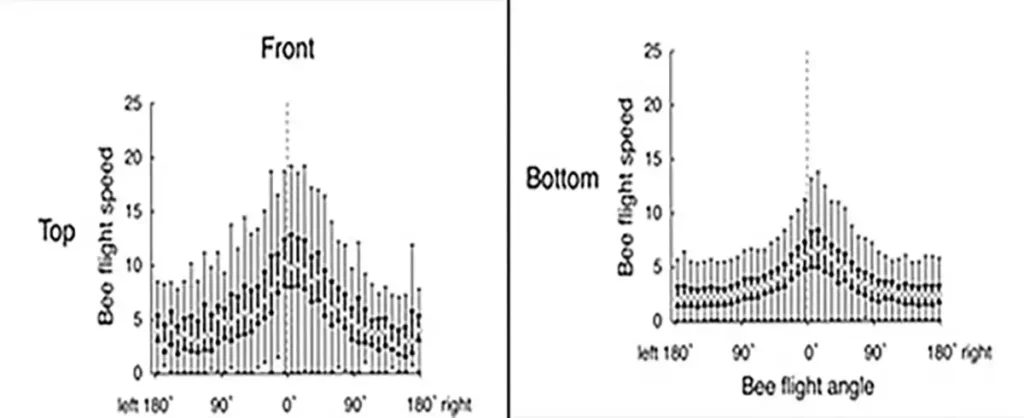 شکل ۴. سرعت پرواز در مقابل زاویه پرواز برای زنبورهای یک دسته در حال پرواز