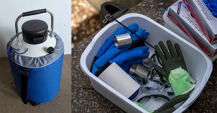 تصویر ۲: چپ – ظرف دوآر برای حمل نیتروژن مایع؛   راست – جعبه‌ای حاوی لوازم مورد نیاز برای اجرای ایمن آزمون انجماد.