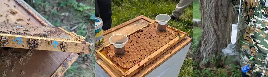 چپ – قاب علامت‌گذاری‌شده با پیکان رنگی؛ وسط – قیف برای سهولت در ریختن؛ راست – پیمانه برای اندازه‌گیری نیتروژن.