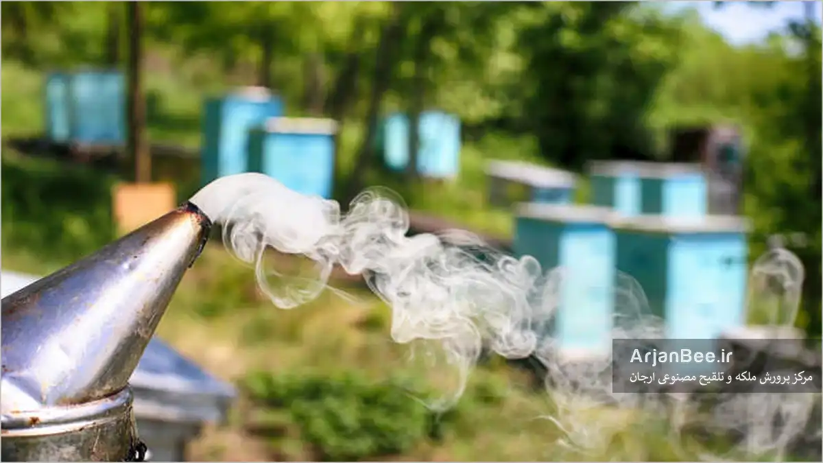 آموزش بازرسی کندو به همراه چک لیست رایگان 6 دودزنی که دود ملایمی آزاد میکند، با کندوهایی در پسزمینه ، در هنگام بررسی کلنی همیشه آماده استفاده از دود باشید.